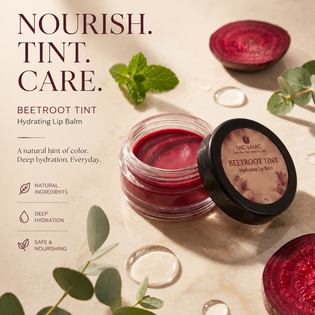 Mic & Mac Beetroot Tint Hydrating Lip Balm in a clear jar with its lid off, displayed on a warm beige background with beetroot slices, mint leaves, and eucalyptus branches. The brand logo and product details are printed on the left side of the image.