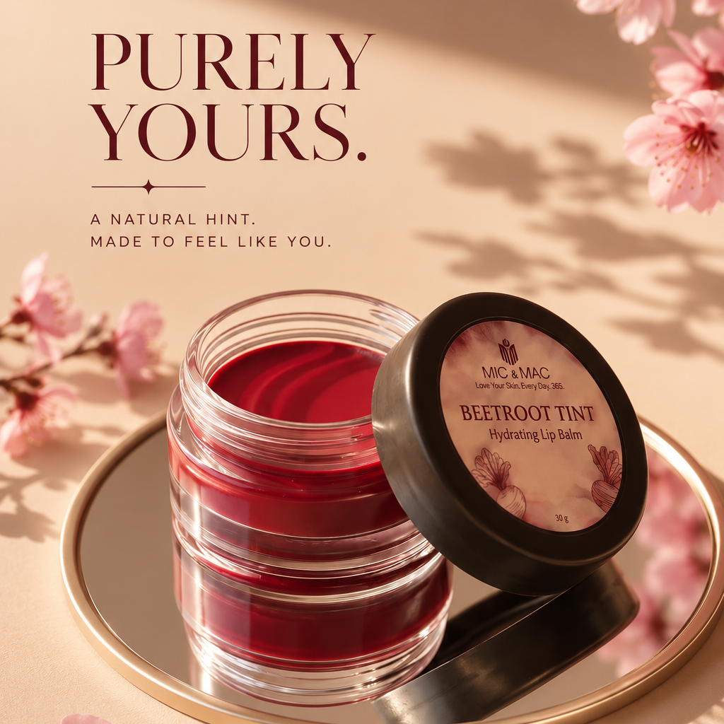 A cosmetic jar of MIC & MAC Beetroot Tint hydrating lip balm with its lid resting beside it on a reflective tray, styled with pink cherry blossoms and shadows on a warm beige background.