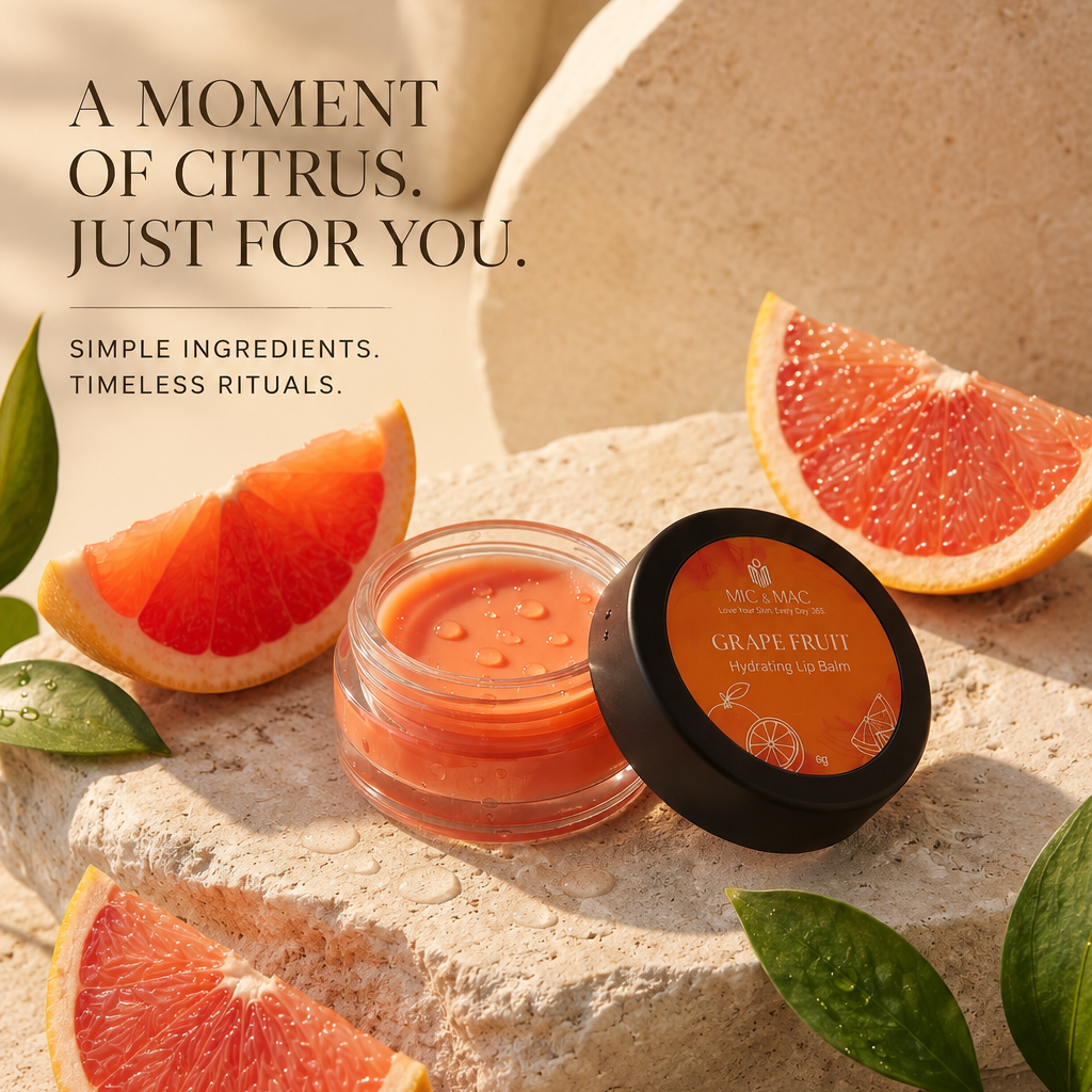 Mic & Mac Grapefruit facial scrub in a clear jar with its black lid placed beside it on a textured stone surface, surrounded by grapefruit slices and green leaves. The background is a warm beige with the brand logo and text 'A Moment of Citrus.